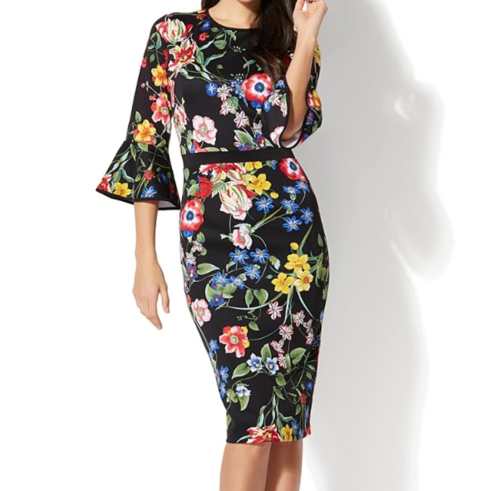 7th Avenue NY & Co. 3/4 Bell Sleeve Sheath Black Floral Midi Dress